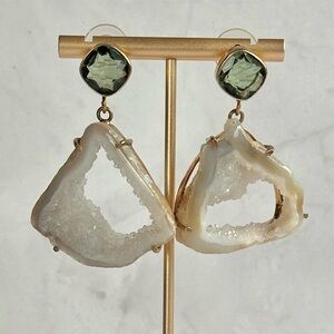 Agate Slice Earrings with Green Aquamarine Stones